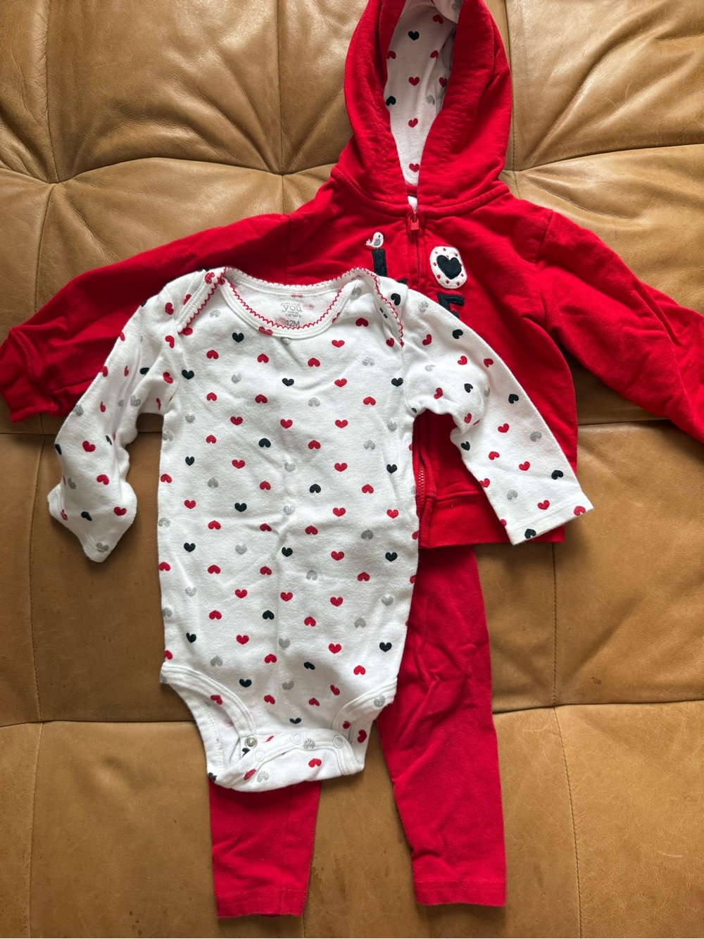 Red Heart-Print Hooded One-Piece Set for Kids Girls 12m